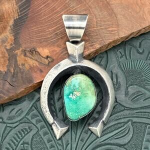 CHIMNEY BUTTE Navajo Sterling Silver & Green Royston Turquoise Naja Pendant